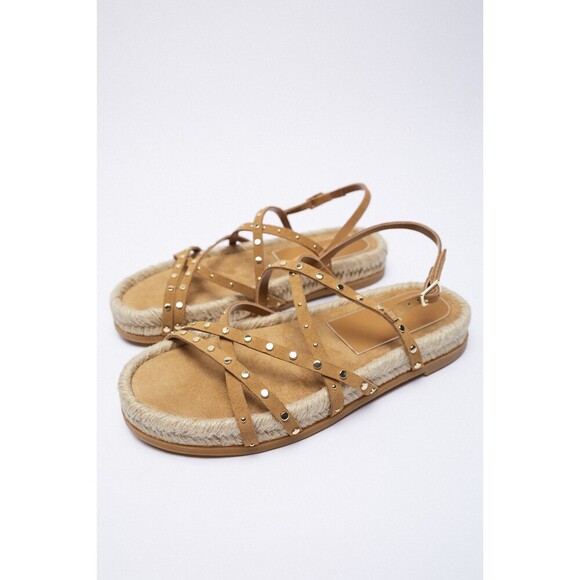 Brown Zara Suede Stud Embellished Straps Gladiator Espadrille Sandals (NWT) - Picture 1 of 9